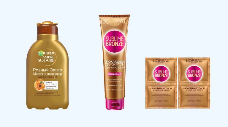 Ambre Solaire «Ровный загар» для лица и тела, Garnier Гель-автозагар Sublime Bronze «Прохладная свежесть» для лица и тела, L'Oreal Paris Салфетки-автозагар Sublime Bronze «Мгновенный эффект» для тела и лица, L'Oreal Paris