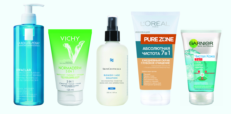ОчищаEffaclar Gel, La Roche-Posay Очищающее средство 3 в 1, Vichy Blemish + Age Solution, Skinceuticals, «Pure Zone Абсолютная чистота 7 в 1», L'Oreal Paris Чистая кожа 3-в-1, Garnier