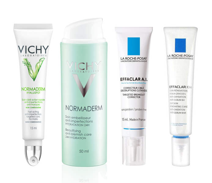 Normaderm 24ч увлажнения, Vichy, Effaclar K(+), La Roche-Posay, Normaderm Hyaluspot, Vichy, Effaclar A. I., La Roche-Posay