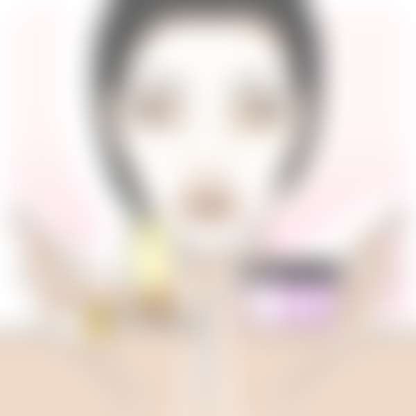 рисунок: темноволосая девушка с тканевой маской на лице и косметикой в руках