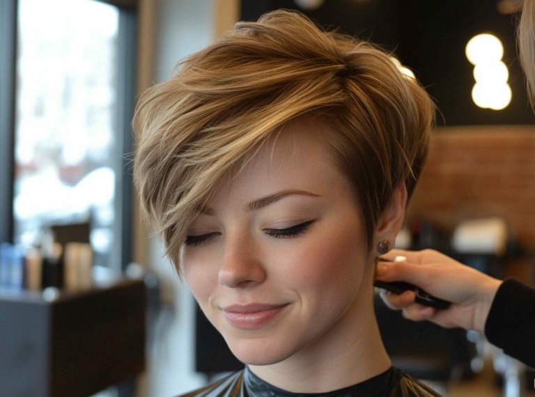 stilist delaet strizhku piksi boba na svetlyh volosah