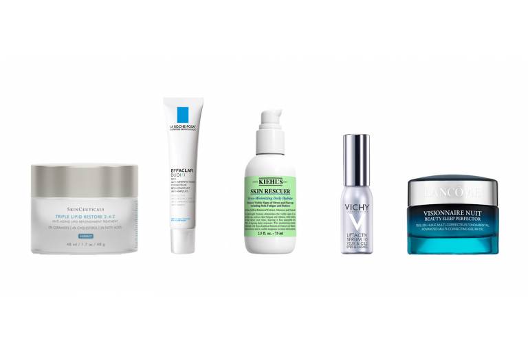 Тройное корректирующее липидовосполняющее средство Trilpe Lipid Restore 2:4:2, SkinCeuticals, Корректирующий крем-гель для проблемной кожи, против несовершеств и постакне Effaclar Duo (+), La Roche-Posay, Увлажняющий антистресс флюид для лица Skin Rescuer, Kiehl's, Сыворотка для молодости взгляда LiftActiv Serum Eye&Lashes, Vichy, Мультиактивное ночное гель-масло Visionnaire Nuit, Lancome