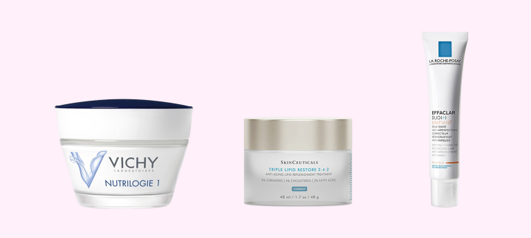 Крем-уход для защиты сухой кожи Nutrilogie 1, Vichy, Тройное корректирующее липидовосполняющее средство Triple Lipid Restore 2:4:2, Skinceuticals, Корректирующий крем-гель для проблемной кожи с тонирующим эффектом Effaclar Duo(+), La Roche-Posay