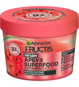 Фото продукта: Garnier Fructis Маска для волос 3в1 Фруктис, Superfood Арбуз, объем, для тонких волос, 390 мл