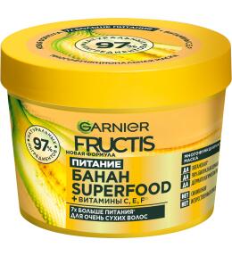 Фото продукта: Garnier Fructis Superfood Банан Питательная маска 3-в-1 для восстановления, питания и увлажнения очень сухих волос, 390 мл