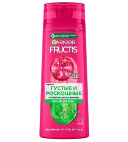 Фото продукта: Garnier Fructis Укрепляющий шампунь Фруктис, Густые и роскошные с экстрактом граната и молекулой Фибра-Цилан, для волос, лишенных густоты, 400 мл