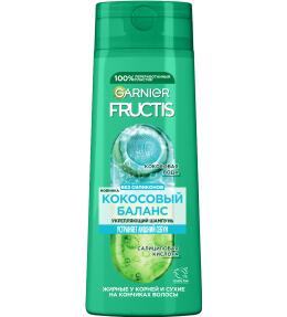 Фото продукта: Garnier Fructis Укрепляющий шампунь Фруктис Кокосовый Баланс для волос жирных у корней и сухих на кончиках, 250 мл