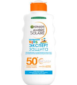 Фото продукта: Garnier Ambre Solaire Увлажняющее солнцезащитное молочко для детской чувствительной кожи Эксперт Защита водостойкое, гипоаллергенное, SPF 50+ 200мл