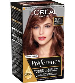 Фото продукта: L'Oreal Paris Стойкая краска для волос Preference, оттенок 5.23, Темное Розовое Золото, светло-каштановый розово-перламутровый