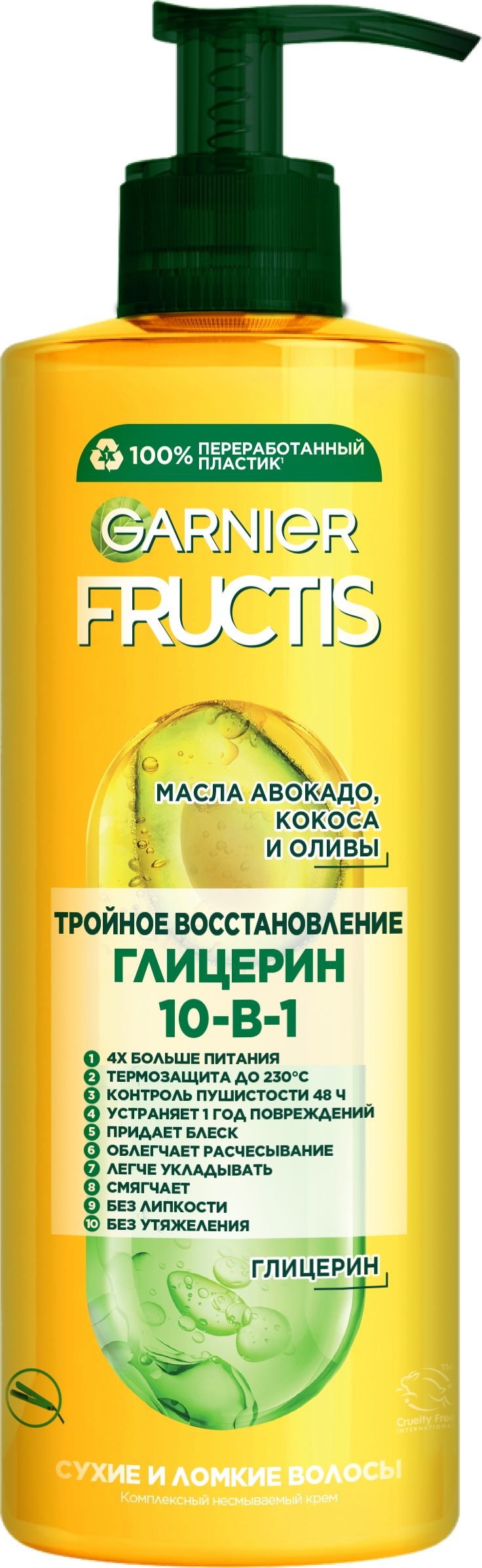 Фото продукта: Garnier Комплексный несмываемый крем Fructis Тройное восстановление 10 в 1 с маслами авокадо, кокоса, оливы и питательными липидами для сухих волос, 400 мл