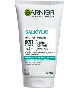 Фото продукта: Garnier Чистая Кожа Гель + Скраб + Маска 3-в-1 с глиной, цинком и салициловой кислотой против прыщей и черных точек для жирной и комбинированной кожи, 150 мл