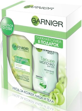 Фото продукта: Набор Garnier Тающее молочко для тела, с бифидокомплексом и алоэ вера, увлажняющее, 250 мл +  Гель-пенка для лица "Основной уход", очищающий, для нормальной и смешанной кожи, 200 мл. Сумка в подарок