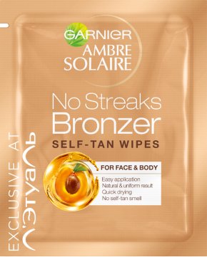 Фото продукта: Garnier Ambre Solaire Салфетка - автозагар для лица и тела, бронзирующая, 5,6 мл, с натуральным бронзирующим компонентом и маслом абрикосовой косточки