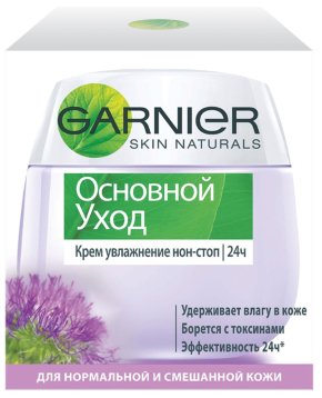 Фото продукта: Garnier Крем для лица "Основной уход" увлажнение нон-стоп с экстрактом репейника и глицерином для нормальной и смешанной кожи, 50 мл