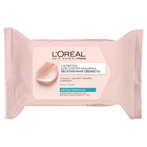 Фото продукта: L'Oreal Paris Очищающие салфетки для лица "Бесконечная Свежесть", для всех типов кожи, 25 шт, с экстрактами Розы и Лотоса