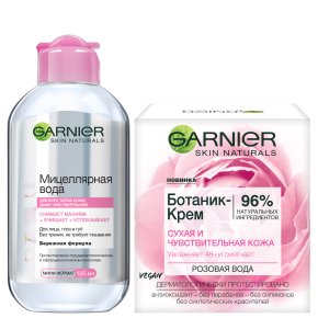 Фото продукта: Garnier Мицеллярная вода, очищающее средство для лица 3 в 1, для всех типов кожи, 125 мл + Увлажняющий Ботаник-крем для лица "Розовая вода", успокаивающий, для сухой и чувствительной кожи, 50 мл
