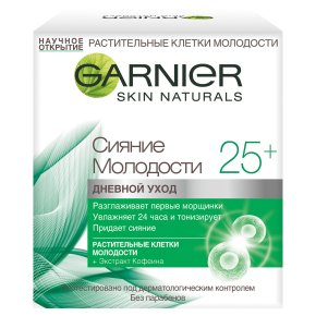 Фото продукта: Garnier Крем для лица "Антивозрастной уход Сияние молодости 25+" с экстрактом чайного листа и Витамином Е, дневной увлажняющий 50 мл