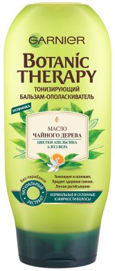 Фото продукта: Garnier Botanic Therapy Тонизирующий Бальзам-ополаскиватель  "Масло чайного дерева, цветки апельсина, алоэ вера" для нормальных и склонных к жирности волос, 200 мл