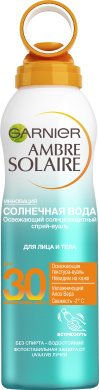 Фото продукта: Garnier Солнцезащитный спрей-вуаль Ambre Solaire "Солнечная вода", освежающий, с алоэ вера, SPF 30, 200 мл
