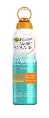 Фото продукта: Garnier Солнцезащитный спрей-вуаль Ambre Solaire "Солнечная вода", освежающий, с алоэ вера, SPF 50, 200 мл