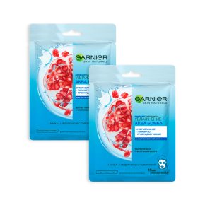 Фото продукта: Garnier Тканевая маска для лица "Увлажнение + Аква Бомба" c гиалуроновой, П-Анисовой кислотами, экстрактом граната, супер увлажняющая и тонизирующая, для всех типов кожи, 32 гр x2 шт