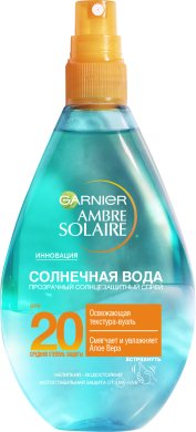 Фото продукта: Garnier Солнечный спрей Ambre Solaire "Солнечная вода", освежающий, прозрачный, с алоэ вера, SPF 20, 150 мл