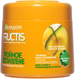 Фото продукта: Garnier Fructis Маска для волос "Фруктис, Тройное Восстановление", укрепляющая, для поврежденных и ослабленных волос, 300 мл, с маслами Оливы, Авокадо и Карите