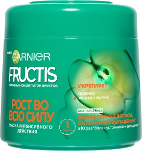 Фото продукта: Garnier Fructis Маска для волос "Фруктис, Рост во всю Силу" , укрепляющая, для ослабленных волос, склонных к выпадению, 300 мл