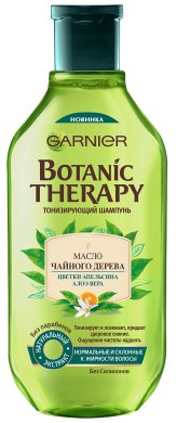 Фото продукта: Garnier Шампунь Botanic Therapy Масло чайного дерева, цветки апельсина, алоэ вера для нормальных и склонных к жирности волос, 400 мл