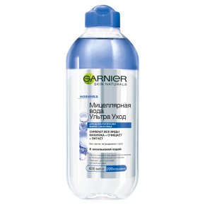 Фото продукта: Garnier Мицеллярная вода Ультра Уход с васильковой водой, очищающее средство для лица для деликатной кожи вокруг глаз и лица, 400 мл