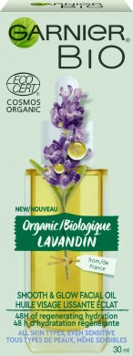 Фото продукта: Garnier BIO Масло для лица «Гладкость и сияние» Восстанавливающий Лавандин, 30 мл