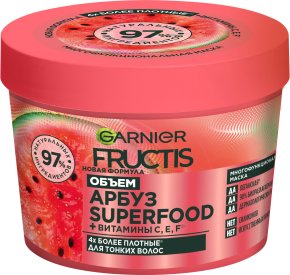 Фото продукта: Garnier Fructis Маска для волос 3в1 Фруктис, Superfood Арбуз, объем, для тонких волос, 390 мл