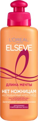 Фото продукта: L'Oreal Paris Крем-уход Нет Ножницам "Elseve, Длина Мечты", несмываемый, для длинных поврежденных волос, с кератином, 200 мл