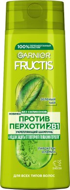 Фото продукта: Garnier Fructis Шампунь для волос Фруктис, Против перхоти 2в1, для всех типов волос, 250 мл с зеленым чаем и пироктон оламином