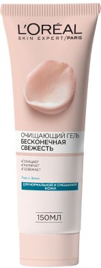 Фото продукта: L'Oreal Paris Очищающий гель для лица "Бесконечная Свежесть", для нормальной и смешанной кожи, 150 мл, с экстрактами Розы и Лотоса
