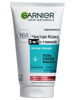 Фото продукта: Garnier Чистая Кожа Гель + Скраб + Маска 3-в-1 с глиной, цинком и салициловой кислотой против прыщей и черных точек для жирной и комбинированной кожи, 150 мл
