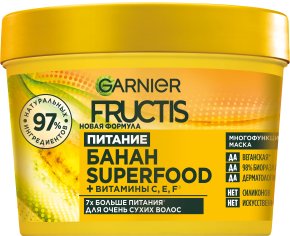 Фото продукта: Garnier Fructis Superfood Банан Питательная маска 3-в-1 для восстановления, питания и увлажнения очень сухих волос, 390 мл