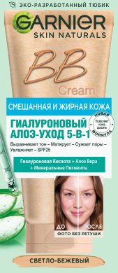 Фото продукта: Garnier BB Крем "Гиалуроновый Алоэ-уход 5-в-1", для смешанной и жирной кожи, с гиалуроновой кислотой, алоэ вера и минеральными пигментами, матирующий, SPF 25, 50 мл