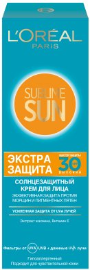 Фото продукта: L'Oreal Paris Солнцезащитный крем для лица Sublime Sun Экстра защита, гипоаллергенный, SPF 30, 75 мл