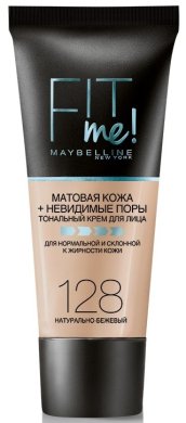 Фото продукта: Maybelline New York Тональный крем для лица "Fit Me", Матовая кожа + невидимые поры, Оттенок 128, Натурально-Бежевый, 30 мл